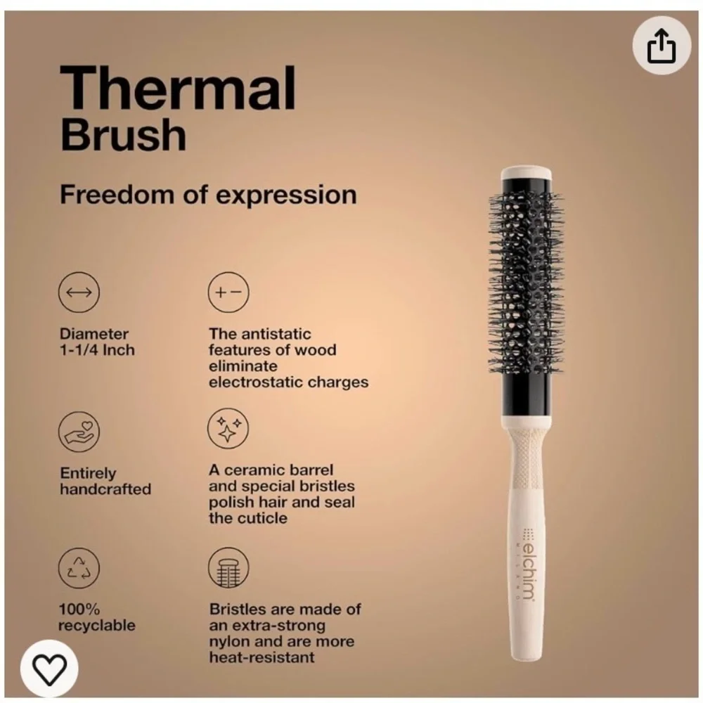 Elchim Thermal Round Blow Drying Hair Brush Ceramic Barrel Wooden Handle 1 1/4”